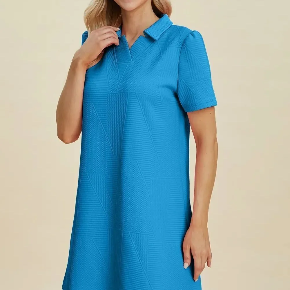 Cute Casual Colorful Work Wear Collared Texture Blue Women's Dress